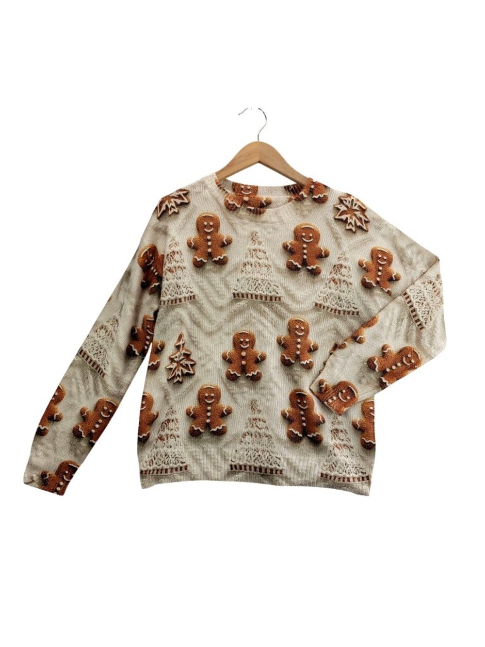 Holiday Sweater Gingerbread Men M Shein Crewneck Pullover Beige Brown Christmas